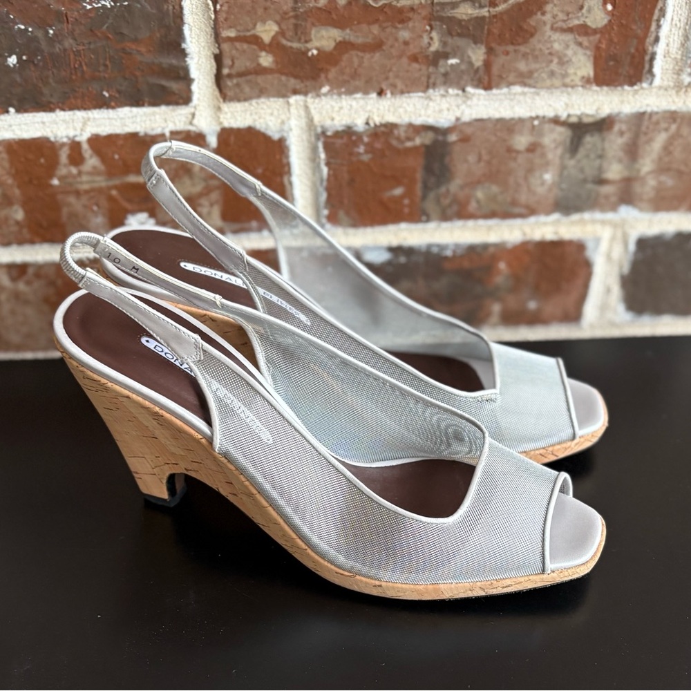 Donald J. Pliner Silver Metal Mesh Natural Cork Slingback Sandals Size 10